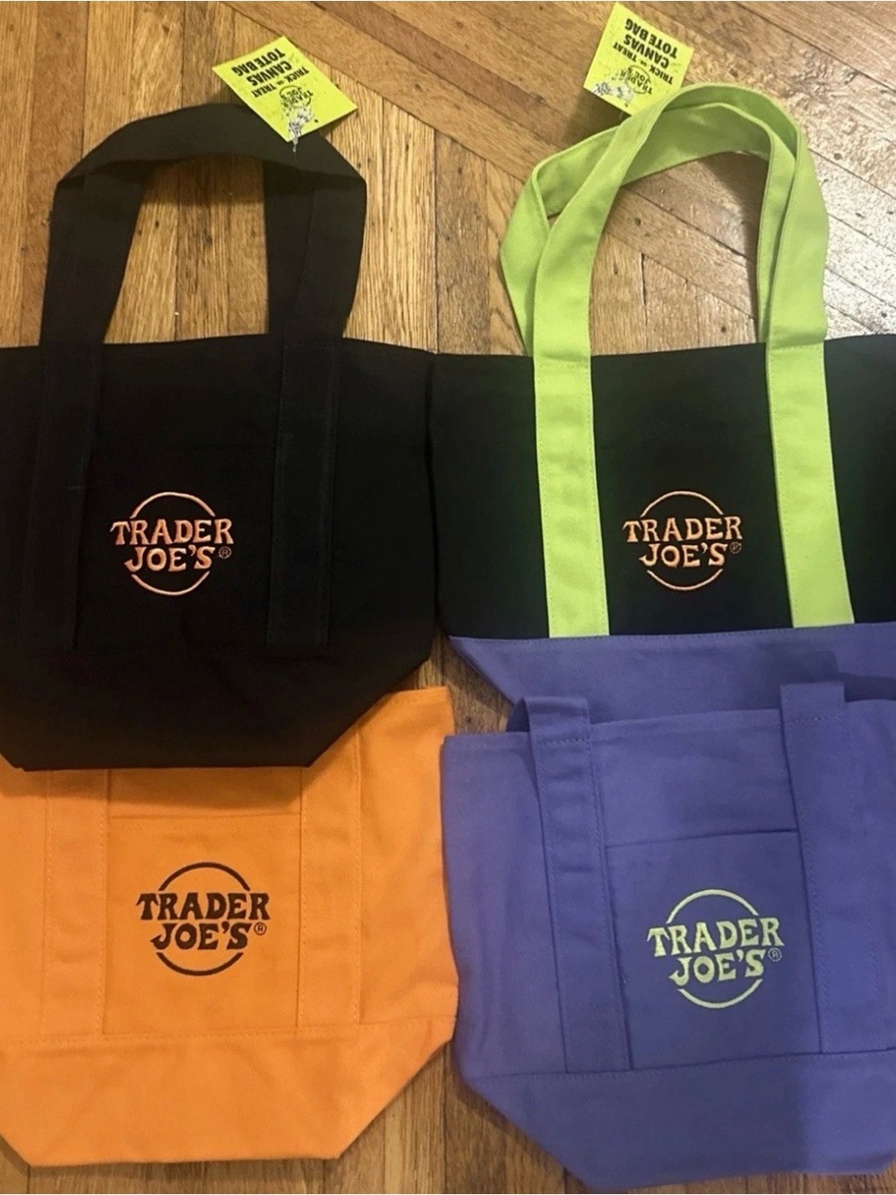 Trader Joe's Reusable Mini Bags Set of 4 Black, Purple, Orange New